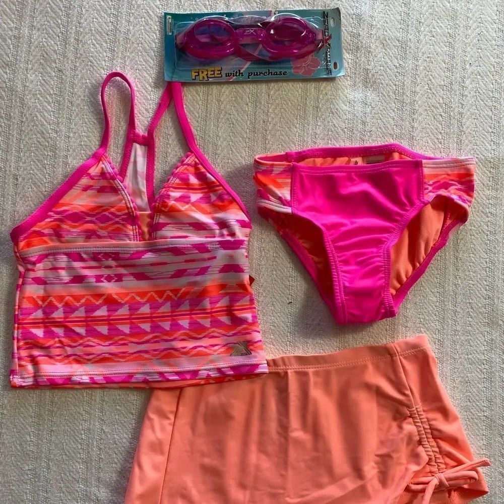 ZEROXPOSUR Girl’s Afghan Print Tankini, Bottoms & Cover-Up Skirt Swimsuit